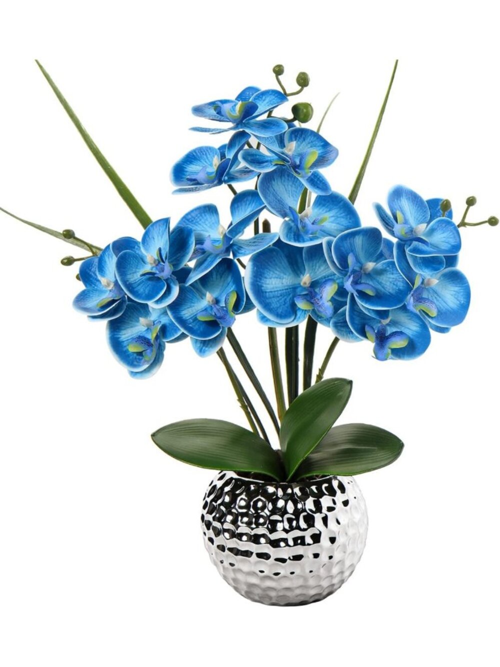 20'' Blue Faux Orchid Flowers in Silver Vase - Elegant Silk Floral Decor for